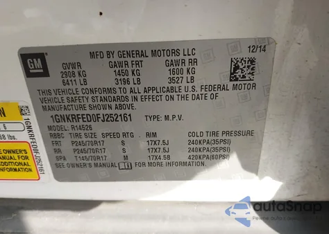 2015 Chevrolet Traverse Ls из США, поврежденный, VIN 1GNKRFED0FJ252161